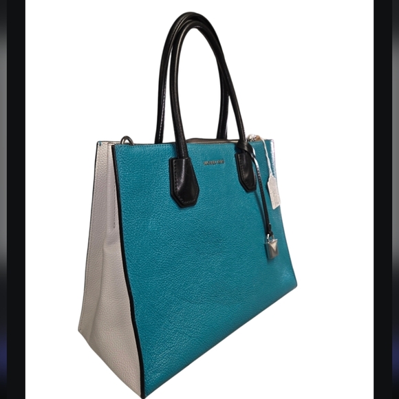 Michael Kors Large Mercer Teal Blue, Black, White Crossbody Leather Tote - Picture 4 of 10
